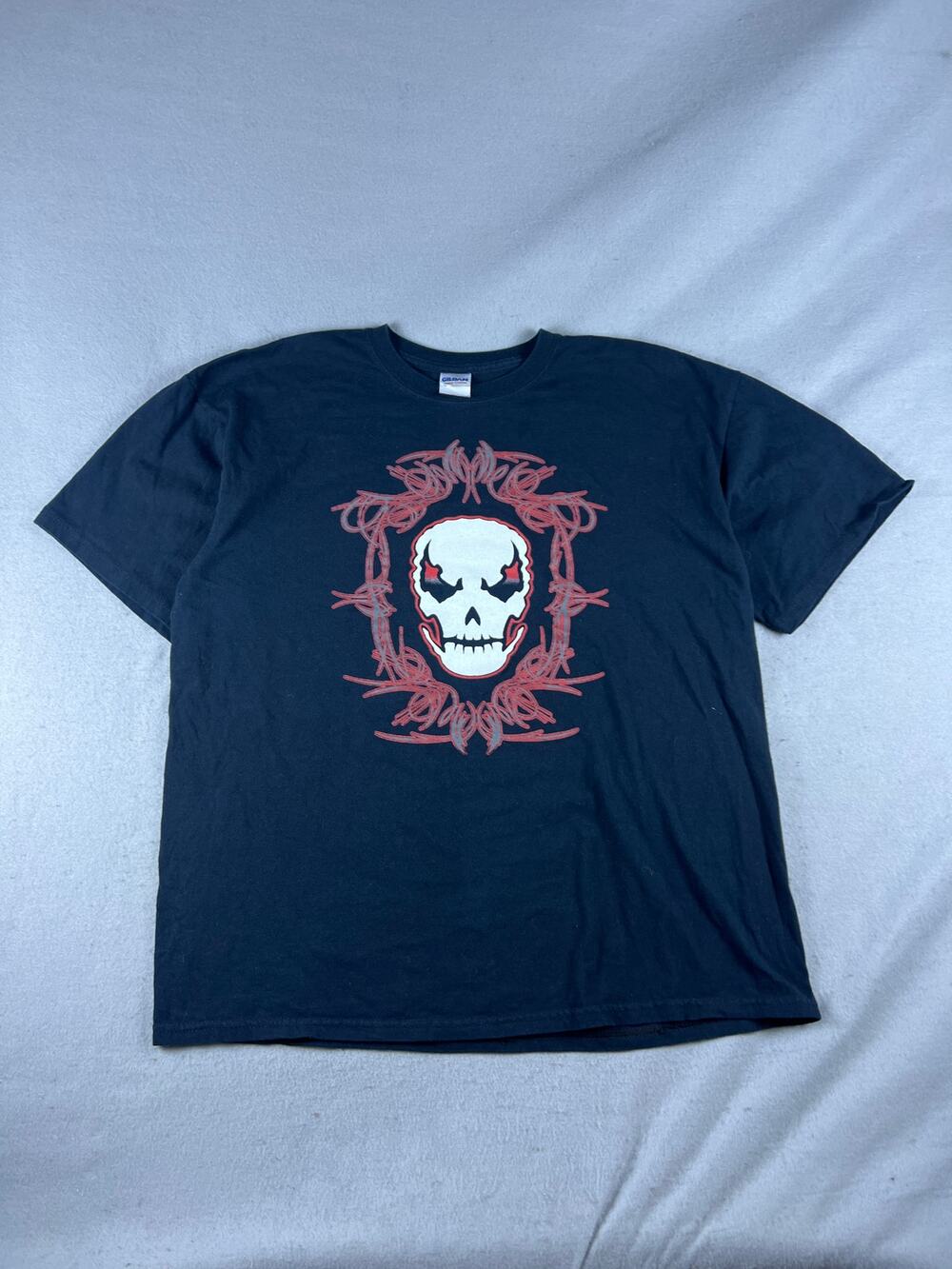 Skull Barbed Wire T-Shirt Mens XL Black Gildan Heavy Cotton Wrestling Grunge Y2K